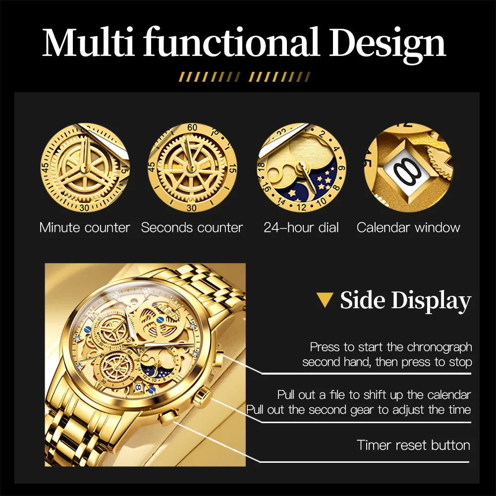 OLEVS 9947 Men's Watches Top Brand Luxury Original Waterproof Quartz Watch for Man Gold Skeleton Style 24 Hour Day Night New