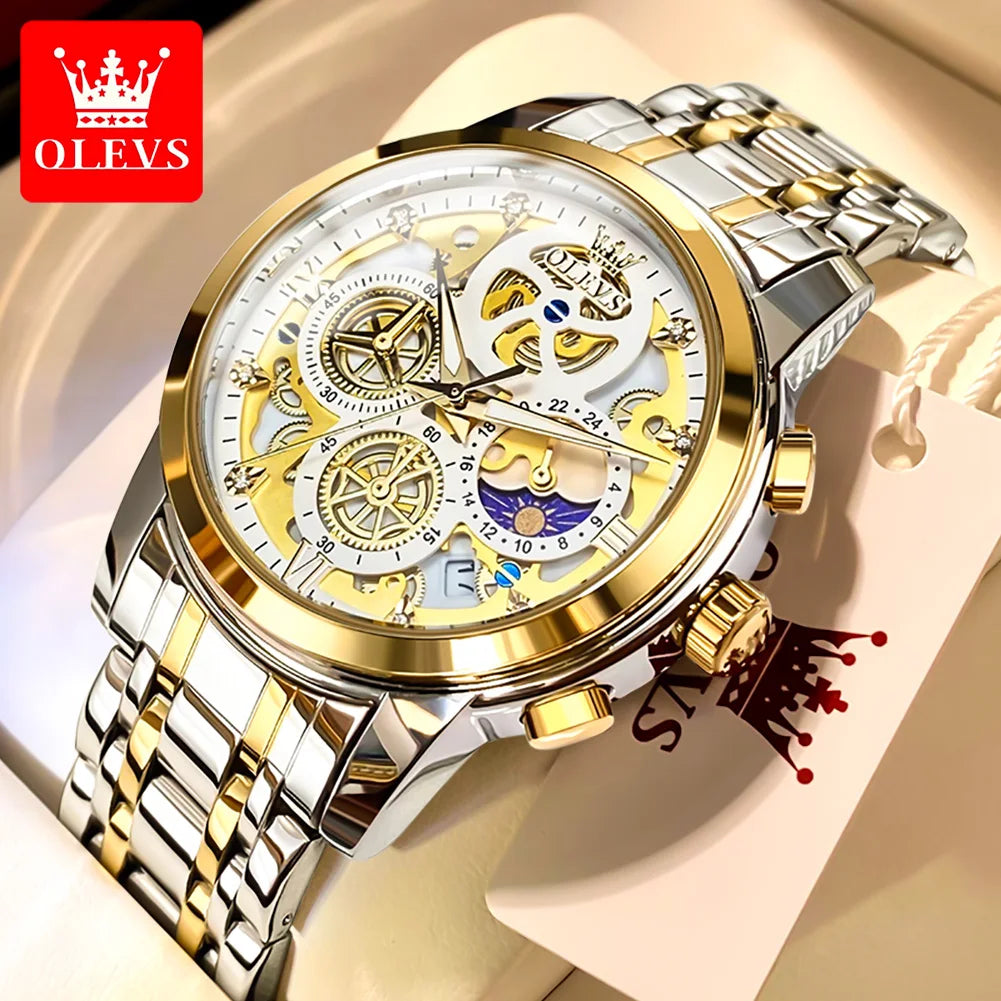 OLEVS 9947 Men's Watches Top Brand Luxury Original Waterproof Quartz Watch for Man Gold Skeleton Style 24 Hour Day Night New