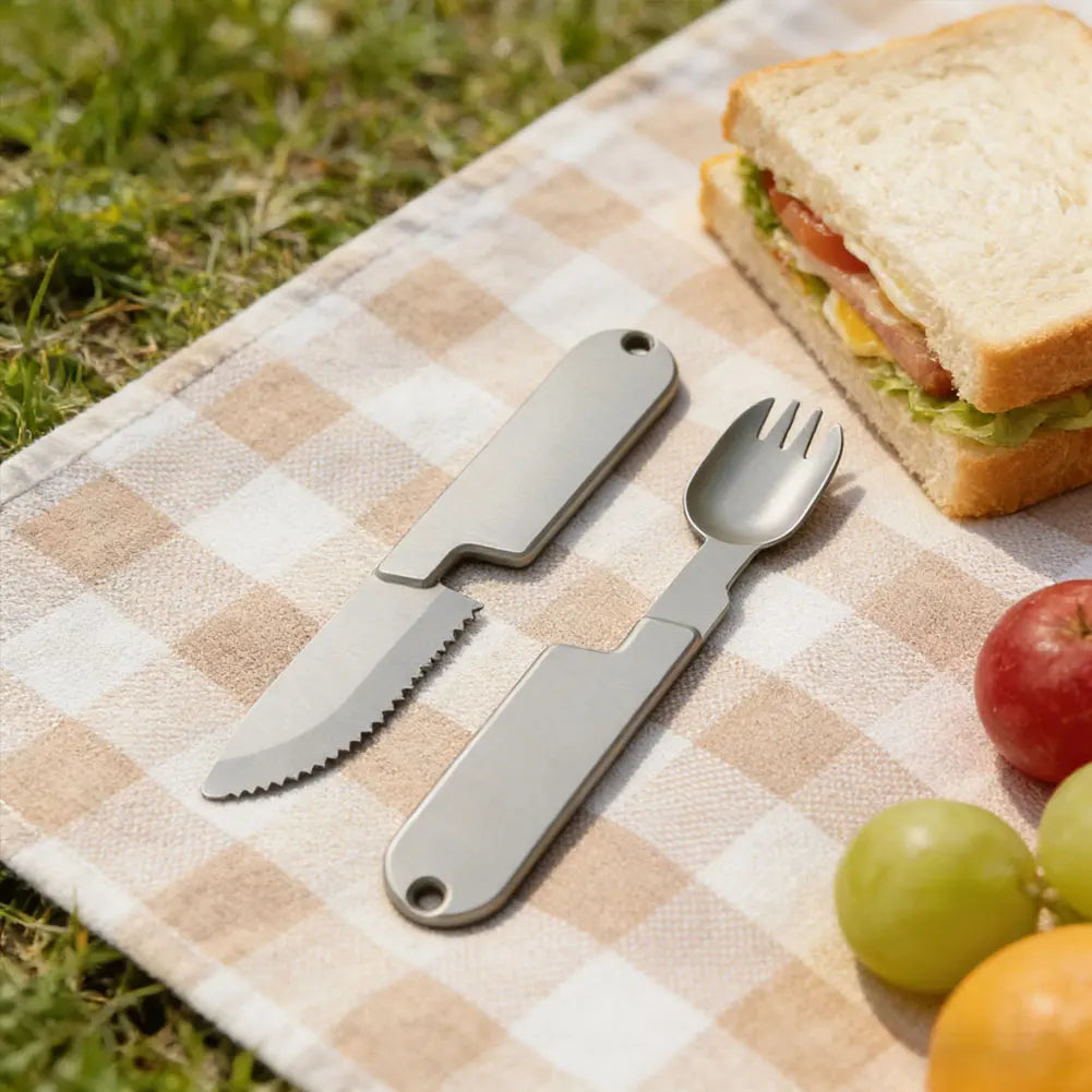 Stainless Steel Magnetic 2 in 1 Picnic Knife Fork Set for Hiking Camping Travel Picnic Multifunctional Outdoor Dinnerware