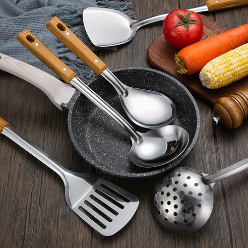 1pc Stainless Steel Imitation Wood Grain Handle Spatula Leaky Shovel Spoon 5 Tools for Kitchen Light for Cooking Kitchen Tools