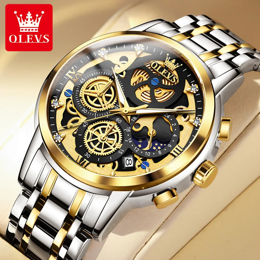 OLEVS 9947 Men's Watches Top Brand Luxury Original Waterproof Quartz Watch for Man Gold Skeleton Style 24 Hour Day Night New