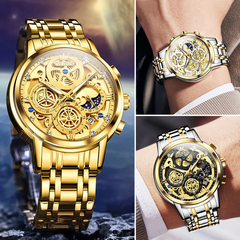 OLEVS 9947 Men's Watches Top Brand Luxury Original Waterproof Quartz Watch for Man Gold Skeleton Style 24 Hour Day Night New