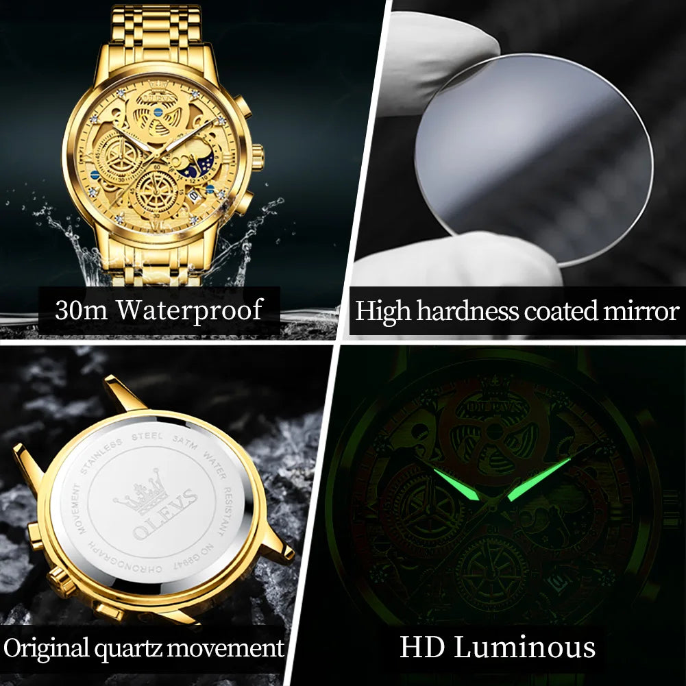 OLEVS 9947 Men's Watches Top Brand Luxury Original Waterproof Quartz Watch for Man Gold Skeleton Style 24 Hour Day Night New