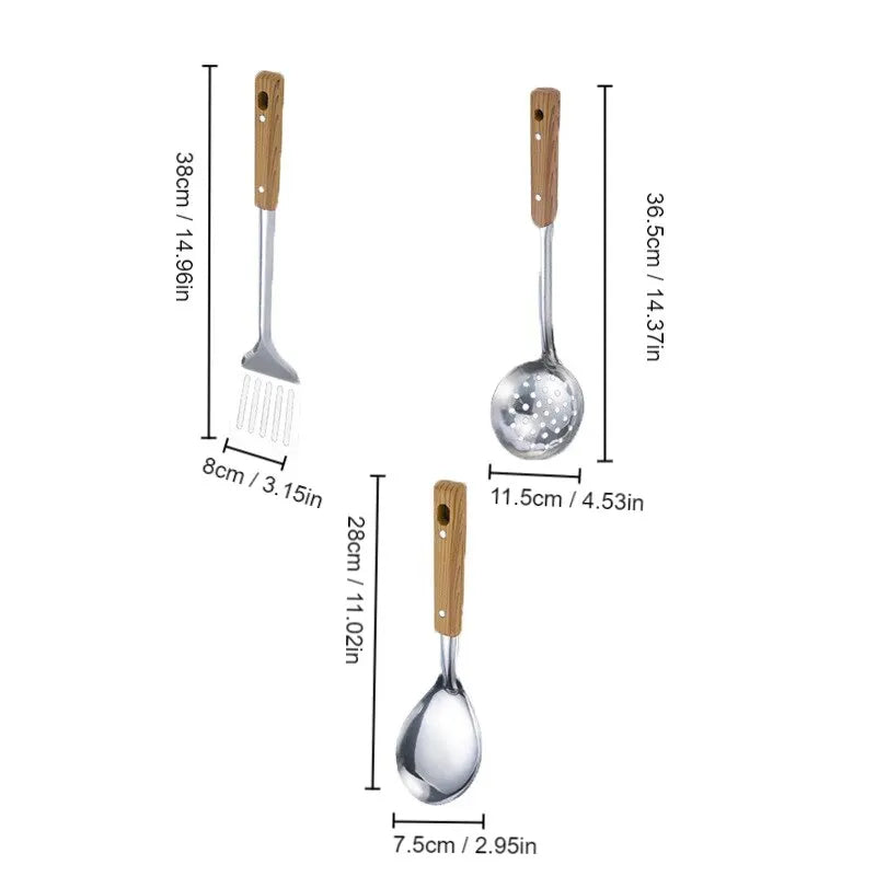 1pc Stainless Steel Imitation Wood Grain Handle Spatula Leaky Shovel Spoon 5 Tools for Kitchen Light for Cooking Kitchen Tools